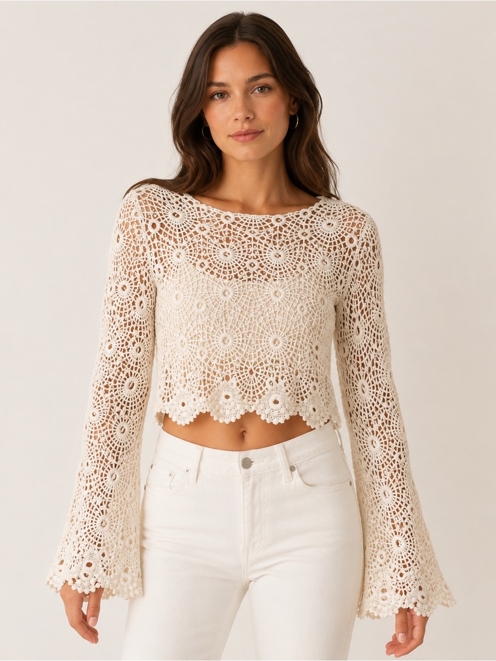 LoveShackFancy Ivory Crochet Lace Cropped Bell Sleeve Top Size S